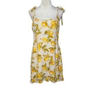 UO Jolene Linen Tie-Shoulder Mini Dress Lemon Print Size Large